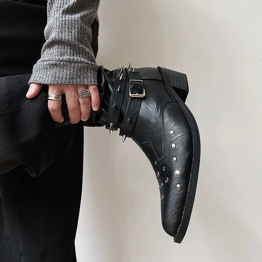 Western Boots Unisex Black Leather Pointed Toe Spike Studs Buckle Straps Mid Calf Cowboy Punk Rock Biker Footwear Concert