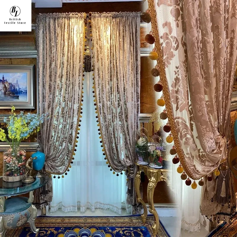 

Custom Size！！High-end European Coffee Purple Velvet Jacquard Window Classic Curtains for Living Dining Room Bedroom Decor Window