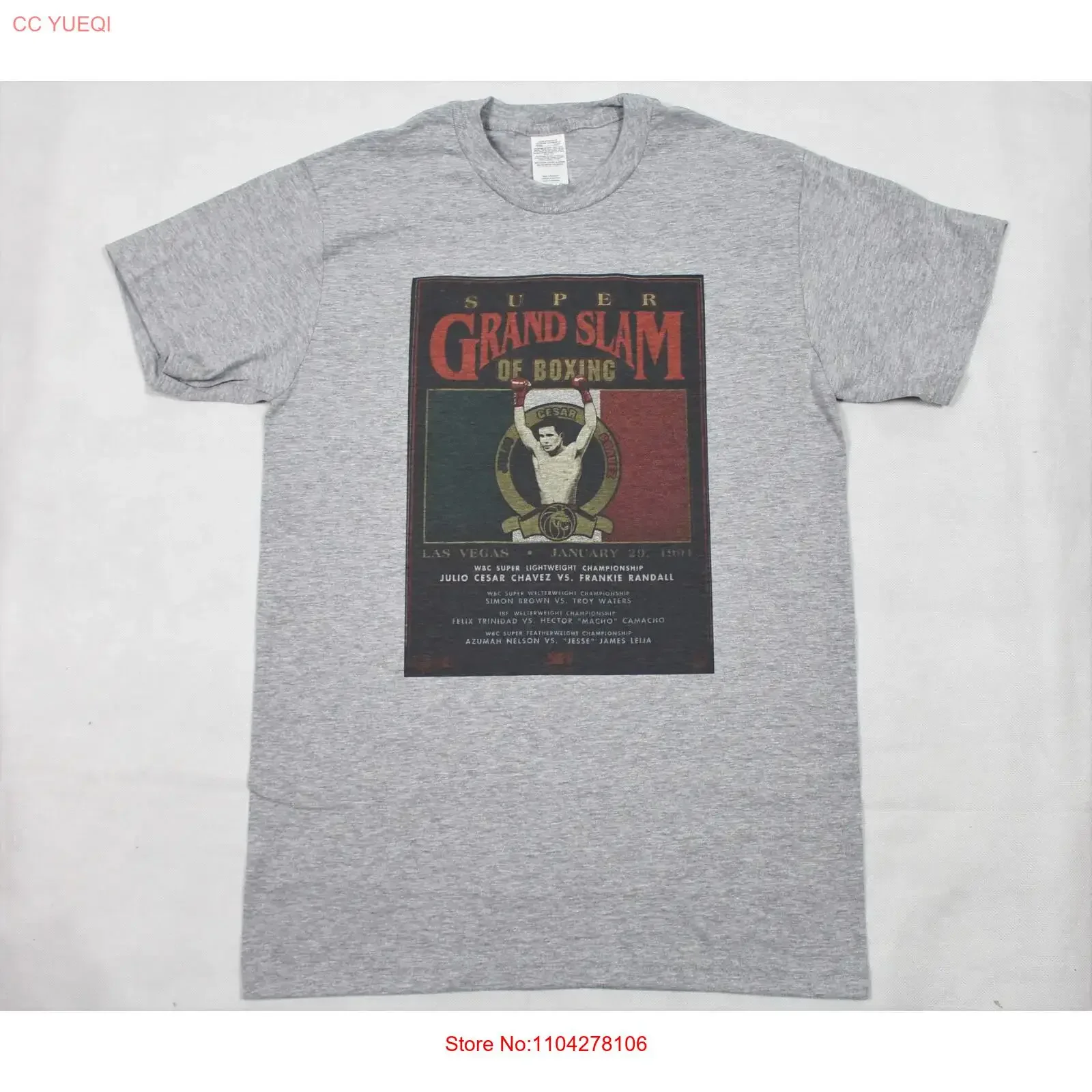 Camiseta cinza com estampa do lutaço Julio Cesar Chavez vs. Frankie Randall, tamanhos S a 3XL, estilo vintage lavado, streetwear, roupas de grife masculinas.
