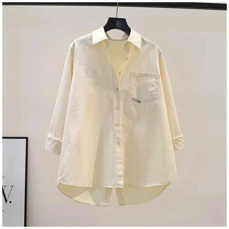 2024 Summer Korean Edition Casual Design Sense Back Split Shirt Women's Loose 3/4 Sleeve Shirt Cardigan Top Solid Color Commuter