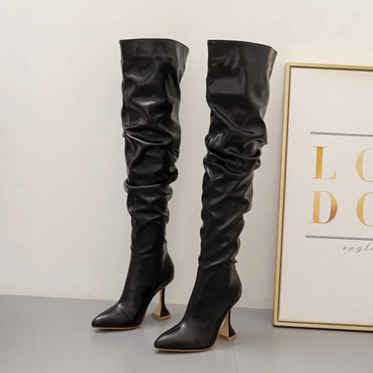 

Winter New Long Boots Women's Thin Heel Pointed White High Heel Knee Length Boots 35-42 Botas Femininas De Couro 2023