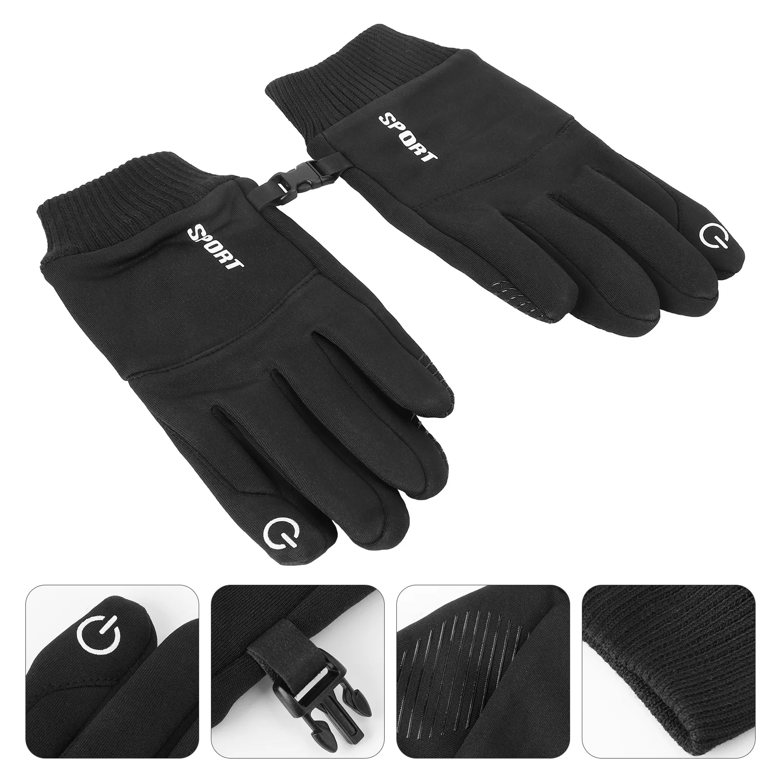 

Waterproof Warm Gloves Black Riding Touch Screen Sports Mittens Nonslip Fabric Durable Winter Wear Resistant Elastic Wrist Thumb