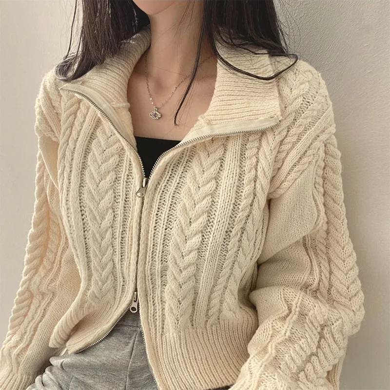 Short Solid Color Casual Long Sleeve Double Zipper Sweater Coat New Women\'s Autumn Winter Casual Slim Fit Polo Knitted Cardigan