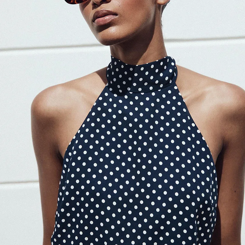 夏の新しい女性の水玉模様のホルターネックミディドレスファッショナブルでエレガントなスタイル-8-25-歳の女性に適したステージ衣装
