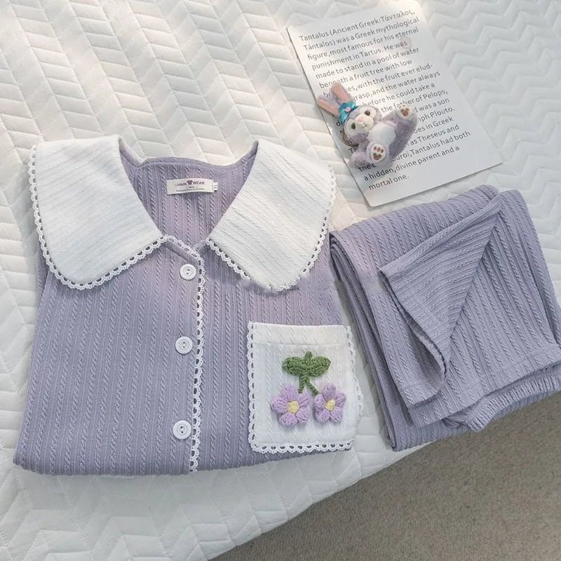 Ropa de dormir de algodón para mujer, Conjunto de pijama de manga larga, cárdigan Kawaii, ropa de dormir coreana, pantalones para el hogar, primavera y otoño