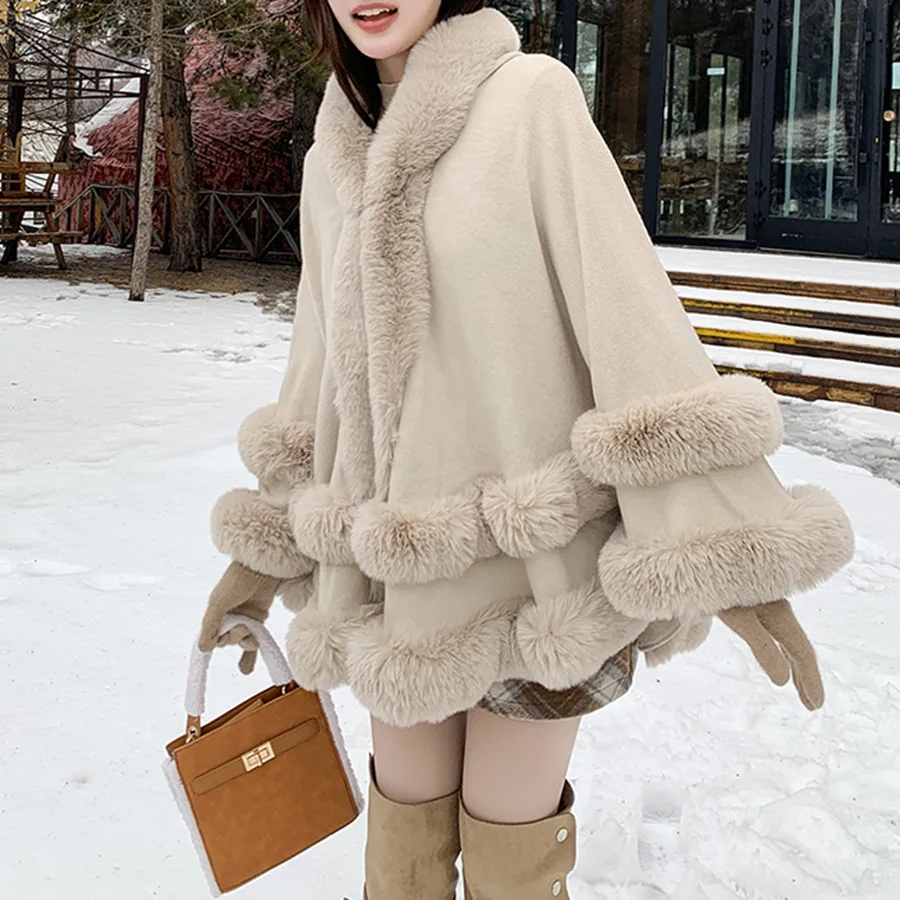 

Autumn Winter Loose Fur Collar Shawl Thickened Faux Rabbit Fur Coat Large Cloak Warm Casual Style Knitted Sweater