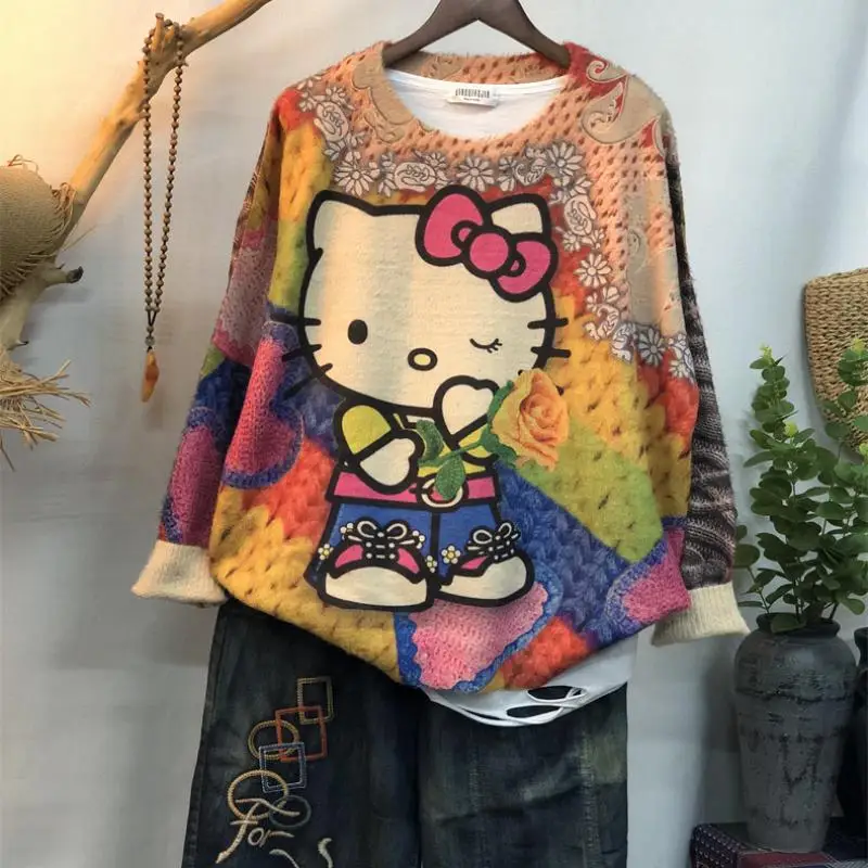 

Sanrio My Melody Girl норковый плюшевый свитер с круглым вырезом Kawaii Hello Kitty Comic милый весенне-осенний модный универсальный свитер