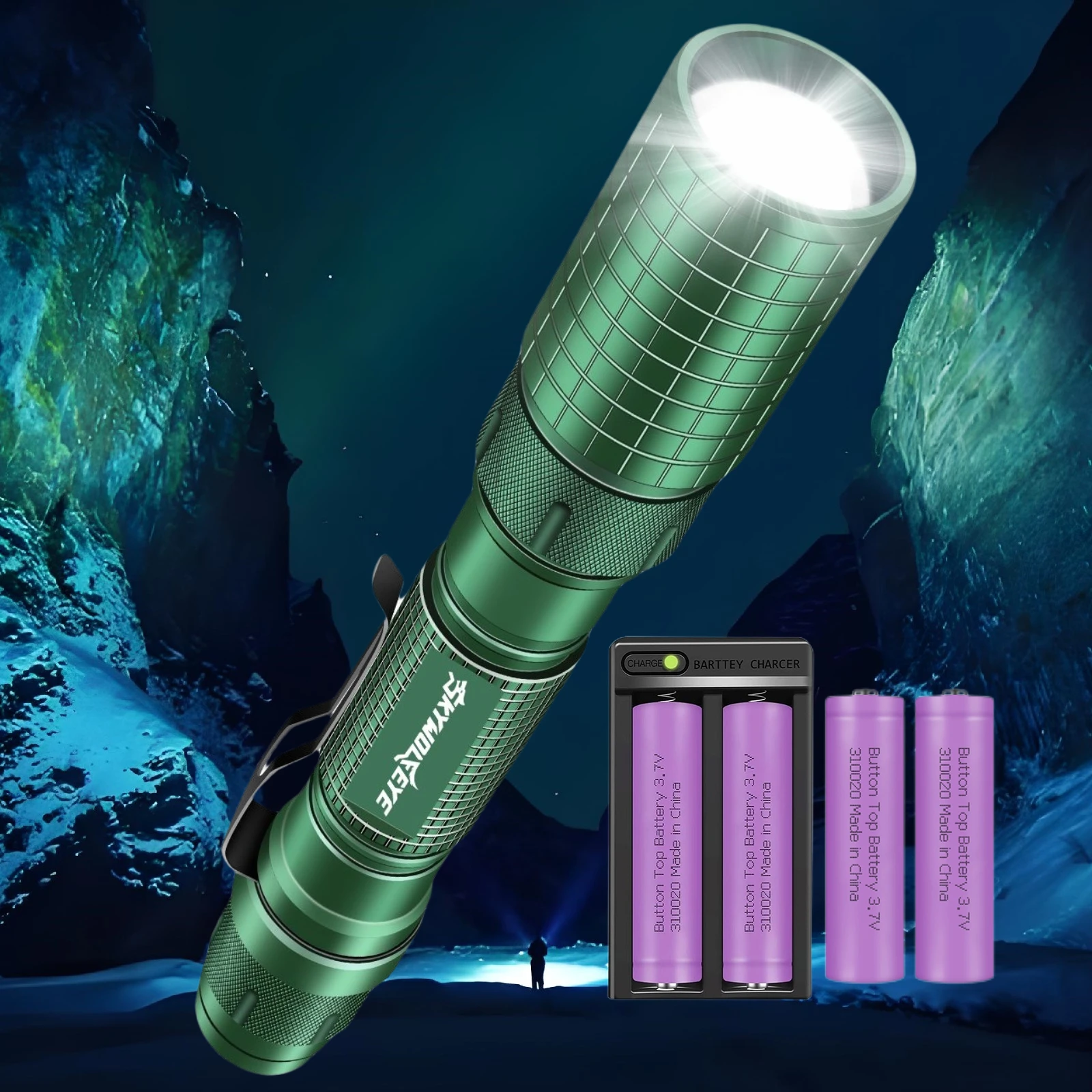 Skywolfeye Handheld Super Bright LED Flashlight Long Range Zoom Camping Lamp with 4 Rechargeable Batteries and 2-Slot Charger