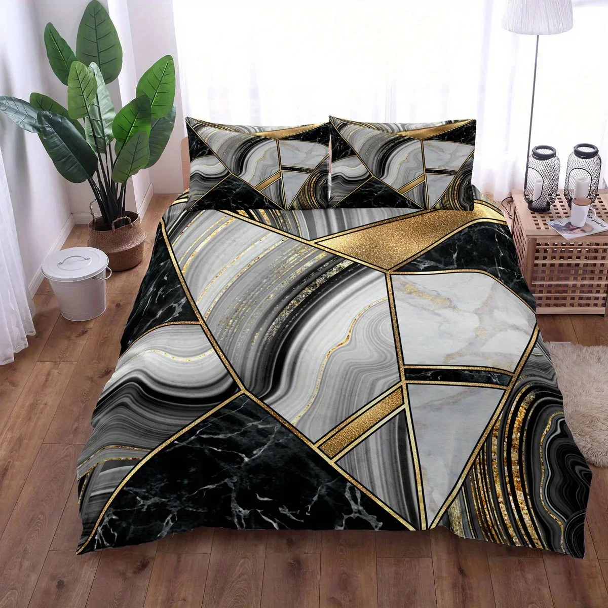 Soft and Comfortable Bronzing Marble Duvet Cover Set with Stitching Print for Bedroom-Includes 1 Duvet Cover and 2 Pillowcases