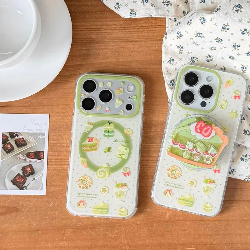 Funda Magnética para Teléfono con Diseño de Pastel de Matcha y Fresa para iPhone 17 Pro 16 15 14 Pro Max, con Soporte Magsafe, Fundas Kawaii