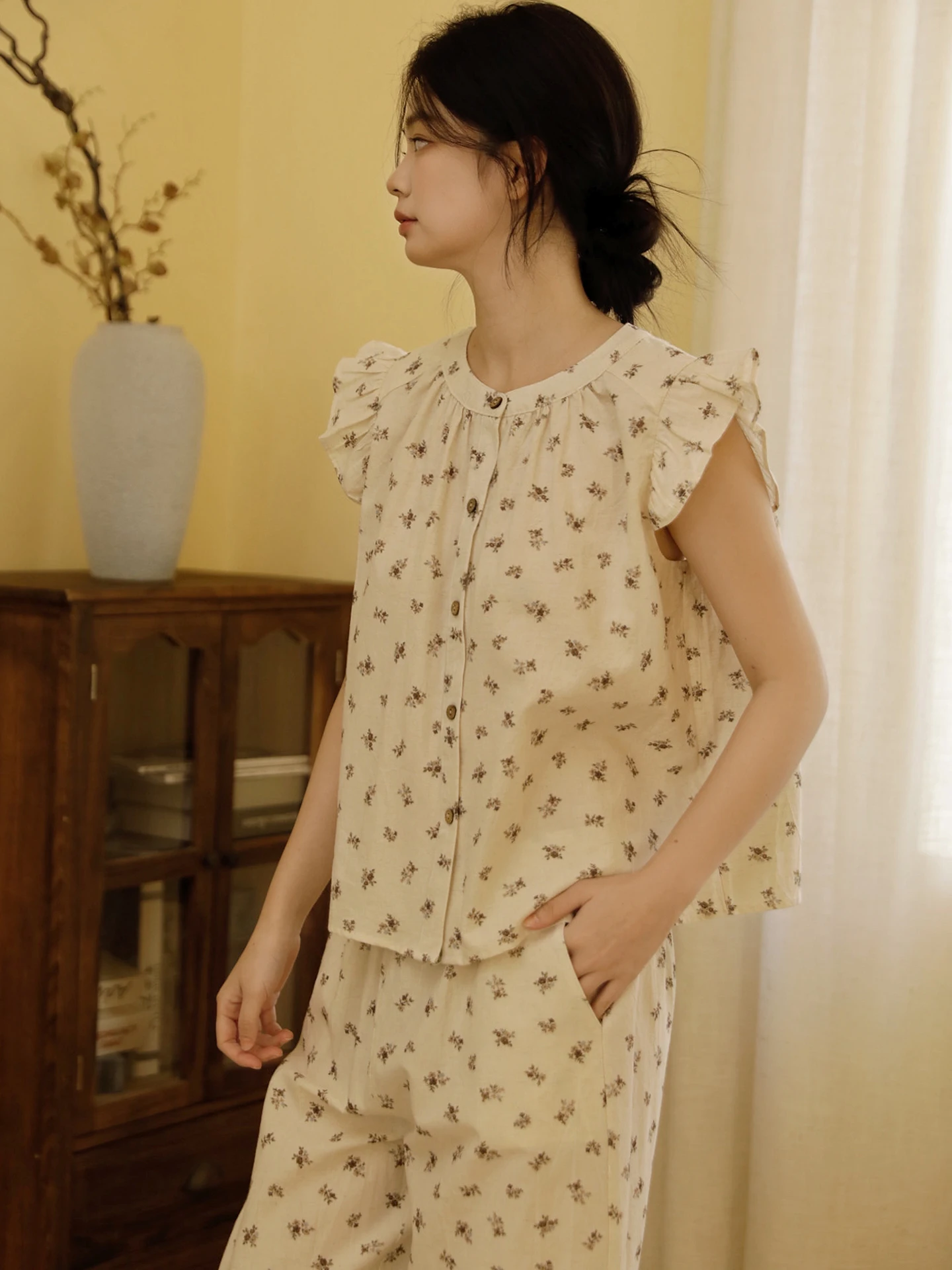 summer-cotton-linen-sleeveless-nightgown-women's-gauze-casual-home-clothes-set-can-be-worn-outside-soft-round-neck-button-front