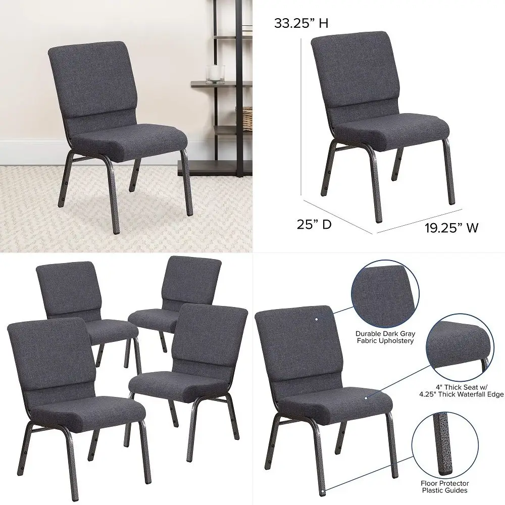 

4 Pack 18.5 W Stacking Church Chair in Dark Gray Fabric Silver Vein Frame