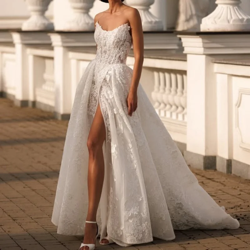 White Wedding Dresses off-shoulder A skirt 3D flower decal slit Long tail Bridal Gowns Made Customized