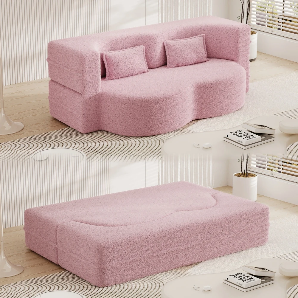 Modern Floor Sofa with 2 Pillows,Convertible Teddy Fabric Foam-Filled Sleeper Sofa Bed,15