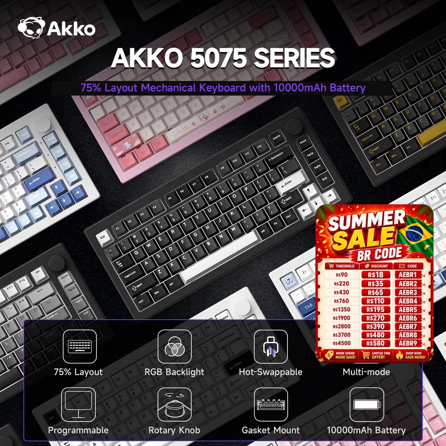 Akko 5075 V3 75% clavier mécanique 8000/10000mAh 2.4GHz sans fil/filaire type-c/BT 5.0 joint rvb d'échange à chaud pour la saisie de jeux
