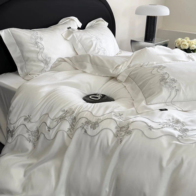 

Flowers Embroidery Luxury Bedding Set 800TC Lyocell Cotton Soft Silky Cool Feeling Duvet Cover Flat/Fitted Bed Sheet Pillowcases