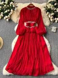 French Desgin Fashion Women Organza Turtleneck Collar Party Dress Sweet Autumn Diamonds Tassel Puff Sleeves Slim Midi Dress