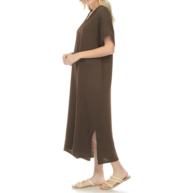 100% camada dupla crepe algodão solto conforto vestido feminino cor sólida verão manga curta com decote em v vestidos divididos de mujer