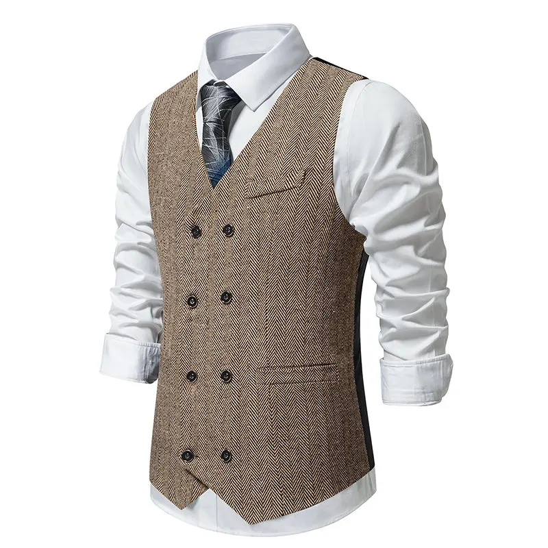 New Suit Vests Men Vintage Double Breasted Smart Casual Waistcoat Mens Sleeveless Formal Dress Wedding Slim V Neck Suit Vest