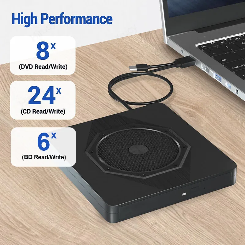 ​External Blu-ray Optical Drive USB3.0 3D Bluray Burner CD DVD Player Recorder for Laptop PC Computer Windows 10 11 Mac