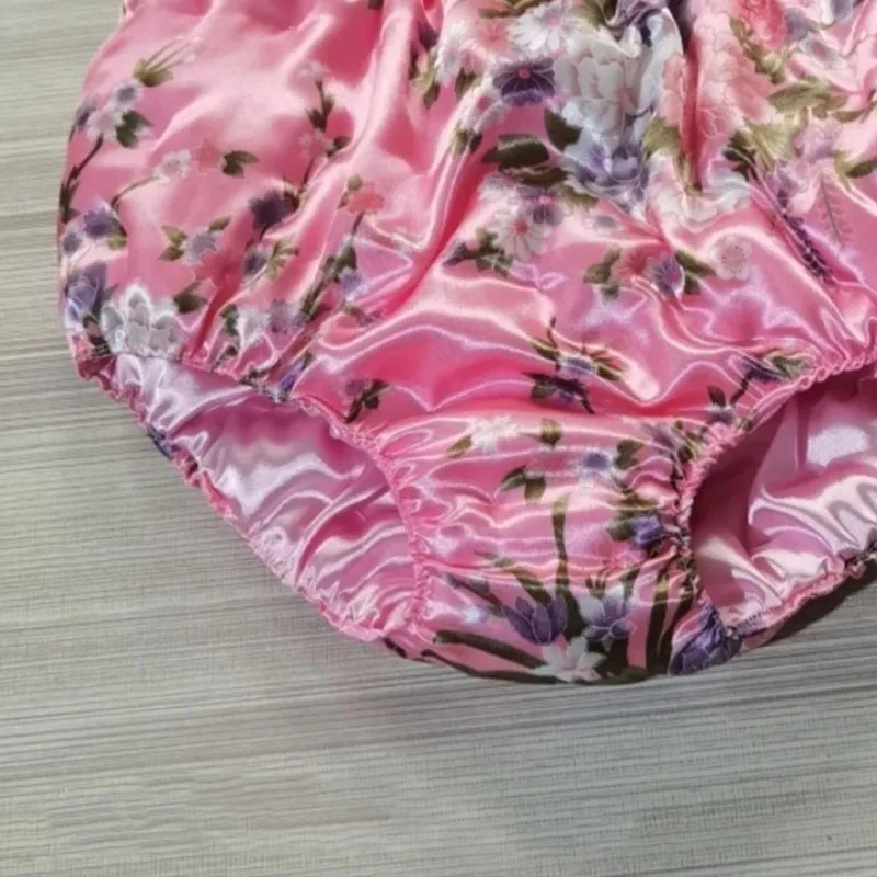 수제 여성 팬티 핑크 새틴 광택 코튼 브리프 시시 플로럴 프린트 코튼 패딩 따뜻한 파티 섹시 코스튬 팬티