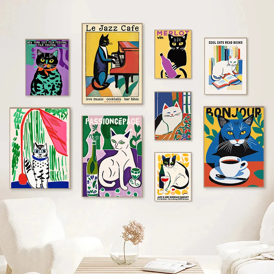 1pc frameless Canvas Painting Funny Cats French Jazz and Wine Posters Reading Hobbies Cartoon Prints Canvas Painting Wall Art Pi