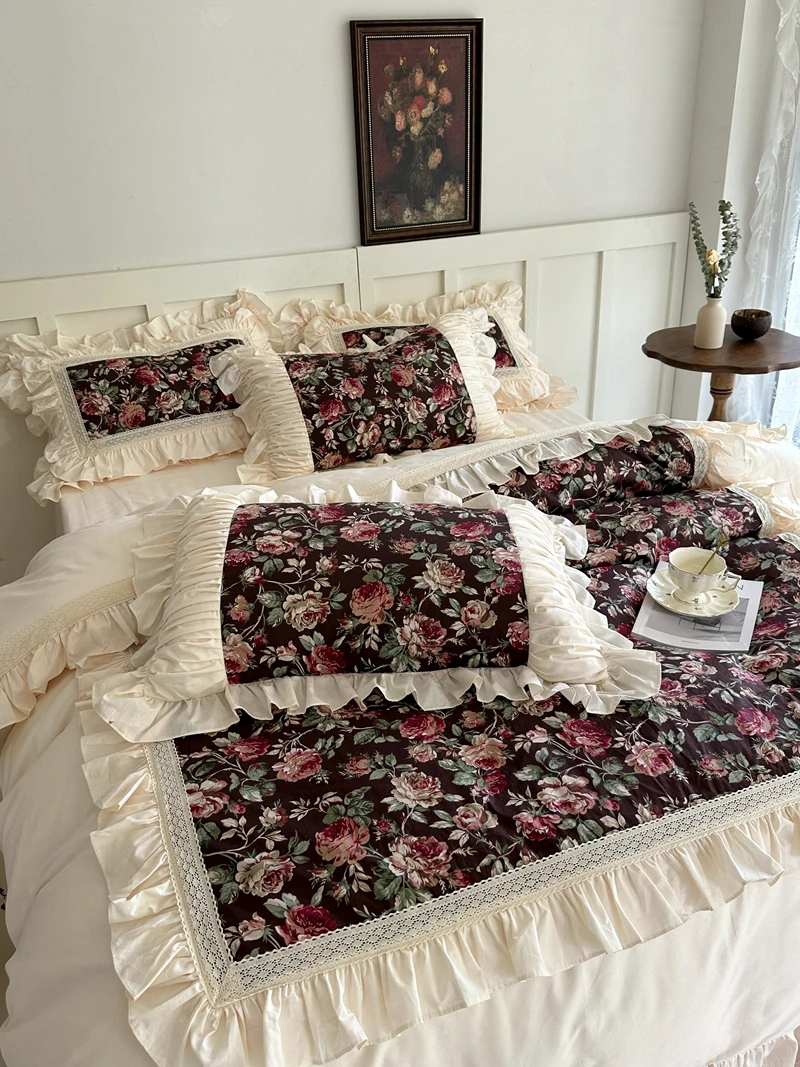 French Style Rose Flowers Pattern Bedding Set, 100% Cotton, Ruffles, Duvet Cover, Bed Skirt, Bed Sheet, Bedspread, Pillowcases