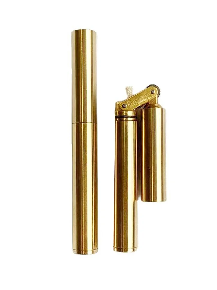 Retro Brass Gasoline Lighter Cylindrical Mini Thin Nunchaku Lighter Silver Brass Color torch Cigarette accessories