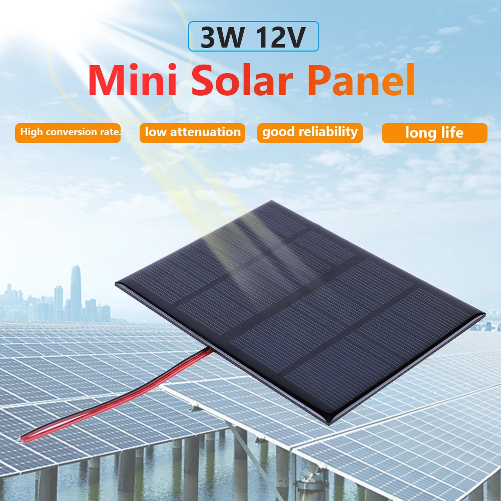 3W 12V Small Solar Cell with Cable Portable Solar Panel DIY Polysilicon Solar Epoxy Cell Charger for 9-12V Battery/Mobile Phone