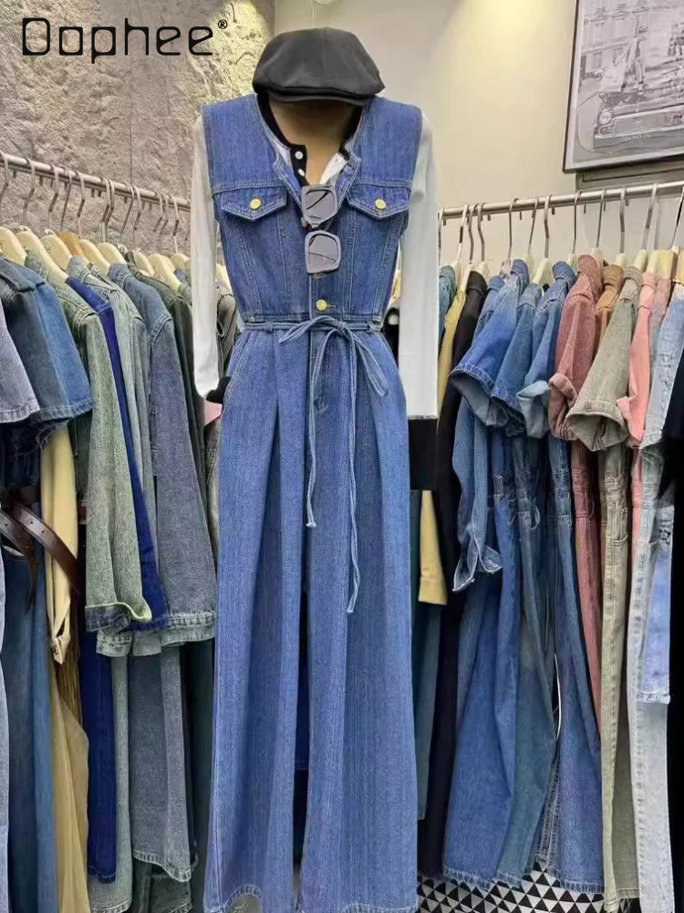 

2024 Summer New Fashion V-neck Retro Sleeveless High Waist Belt All-Match Commute Style Slim Wide Leg Jumpsuit Women Overalls