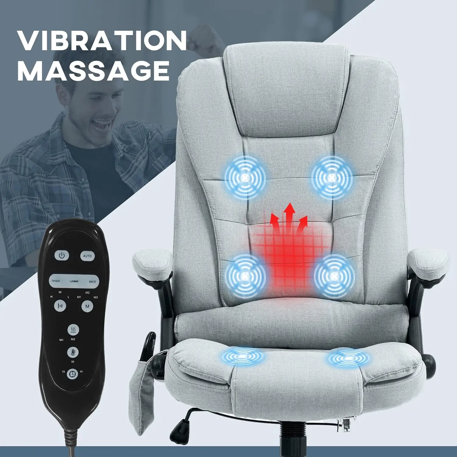 HOMCOM 6-Point Vibrating Massage Office Chair with Heat, Reclining Backrest, Remote Control, Light Gray