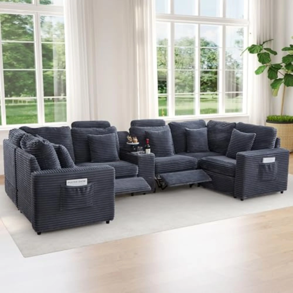 #￥Power Recliner Sectional Sofa U Shaped Couch withRecliners Console Corduroy 6 Seater Modular Sofa for Living Room Home Theater