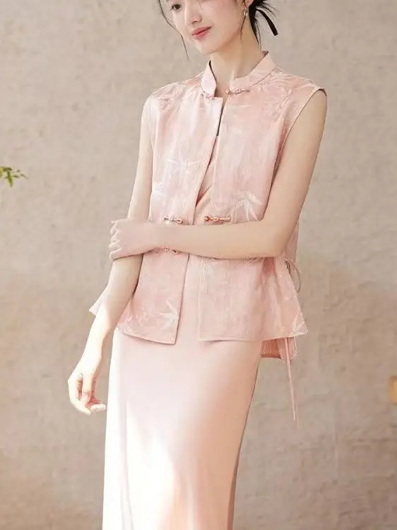 

New Chinese Sle Women's Vest Summer Tang Suit Pink Button Ele Top round Ne Single Button Pure Color Other Material 00%