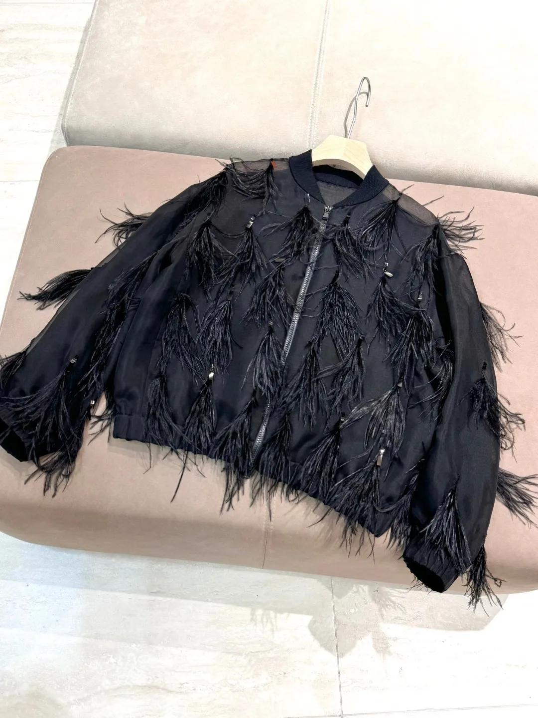 Exquisitely feathers trim silk zipped cardigan