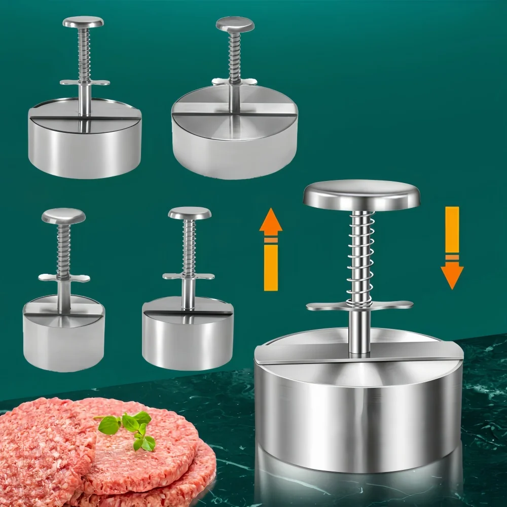 Prensa de carne para hamburguesas, herramienta redonda antiadherente de acero inoxidable 304, grosor ajustado, para picnic al aire libre, cocina, arroz de ternera