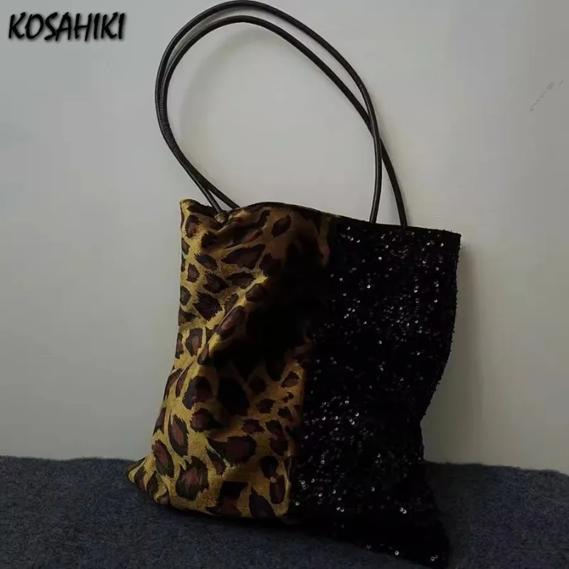 

Vintage Leopard Patchwork Sequined Shoulder Handbags Women Grunge Harajuku Tote Bags Streetwear Y2k Aesthetic Femme Underarm Bag