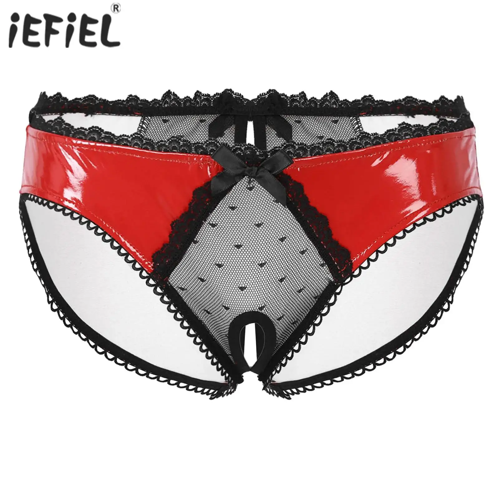 

Mens Lingerie Crotchless Sissy Underwear Sheer Lace Open Crotch Briefs Bowknot Glossy Patent Leather Panties Low Waist Underpant