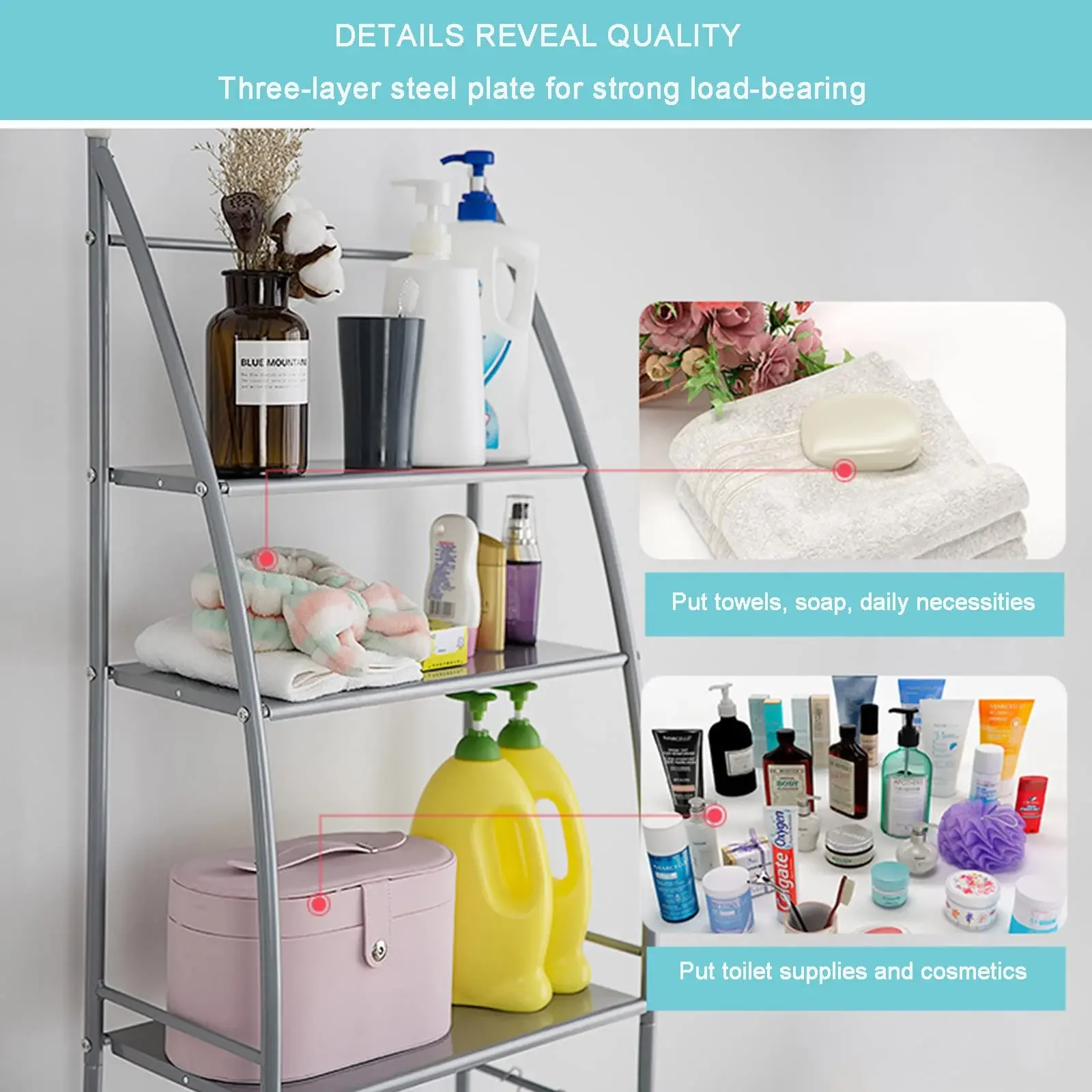 Bathroom Shelving Unit, Toilet and Washing Machine Storage Rack, Wall-Mounted Design without Drilling Holes