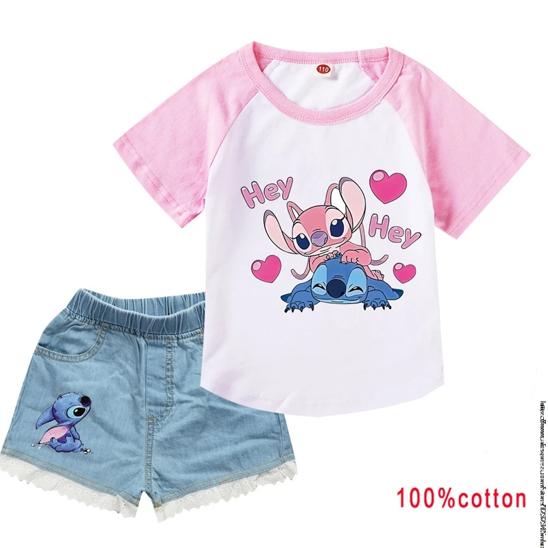 

Lilo And Stitch Princess Set T Shirt Kids Short Sleeve Cotton T-shirt A-Line Jeans Shorts 2pcs Sets Toddler Girls Casual Outfits