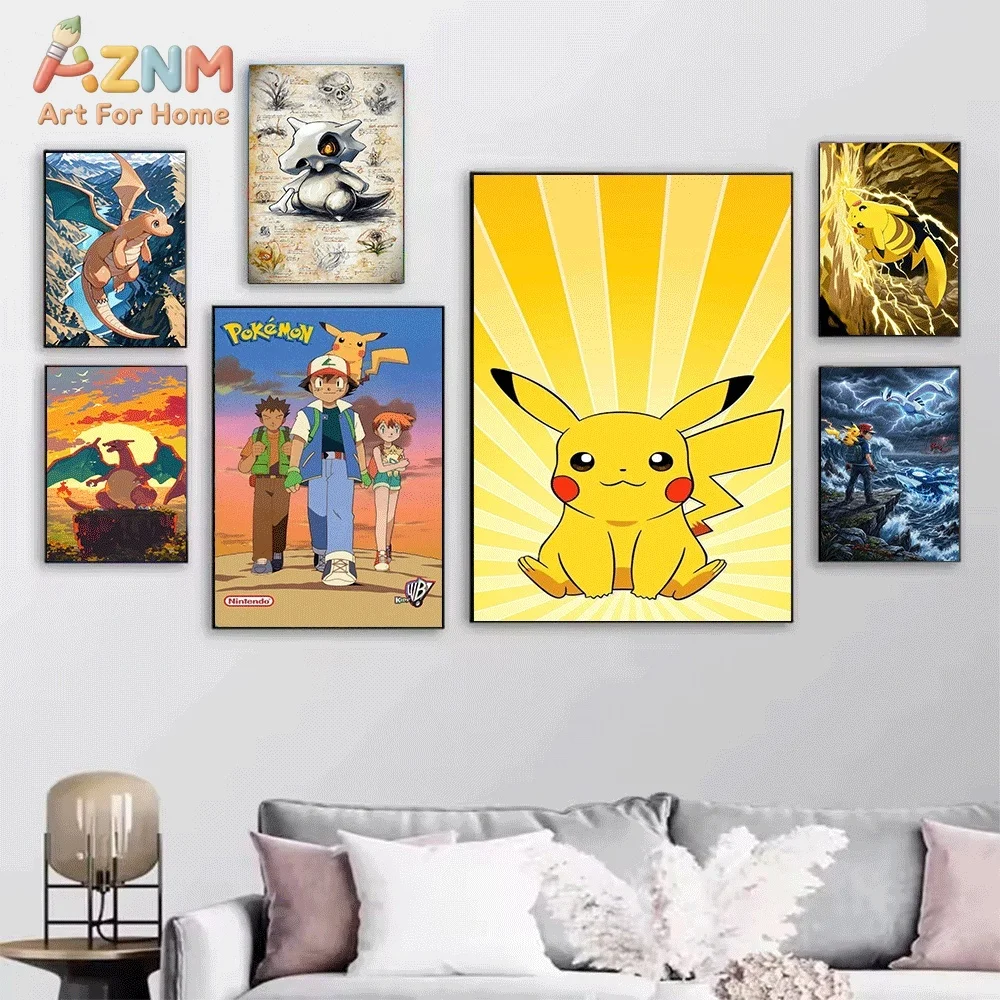 Anime Pokemon Eeveelutions Colorful Splicing Canvas Wall Art, Cute Eevee Evolution Cartoon Creature Frameless Canvas Painting