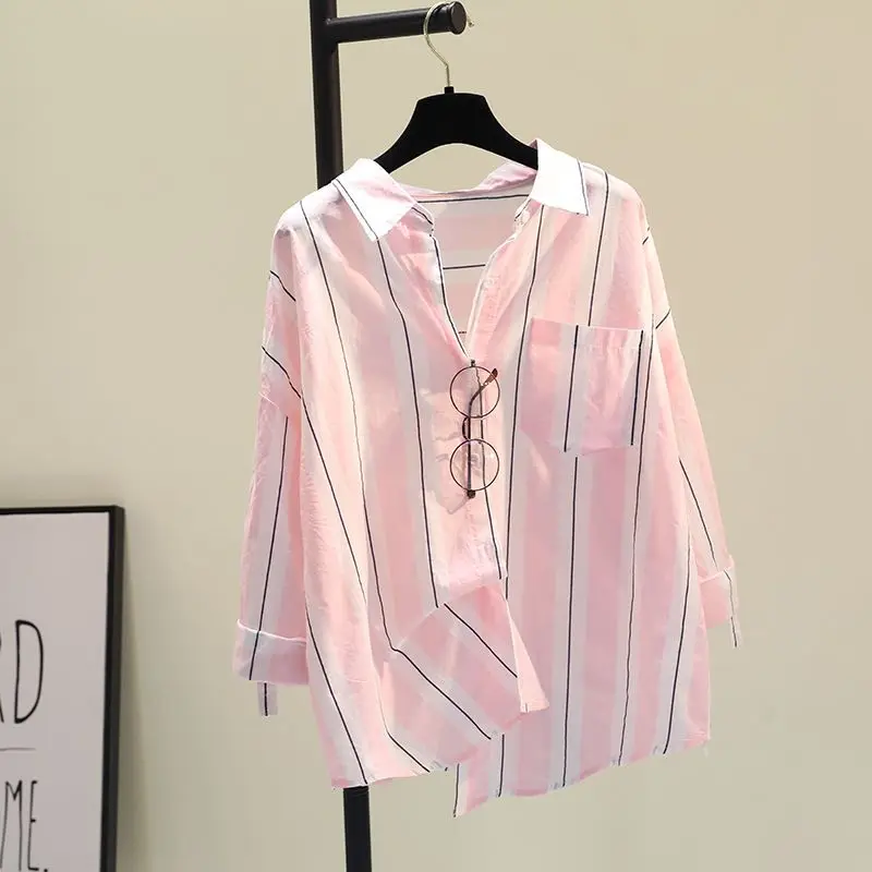 

2024 Spring Summer Women New Striped Long-sleeved Shirt Female Loose Buttons Shirts Ladies Korean Students Cotton Blouses L11