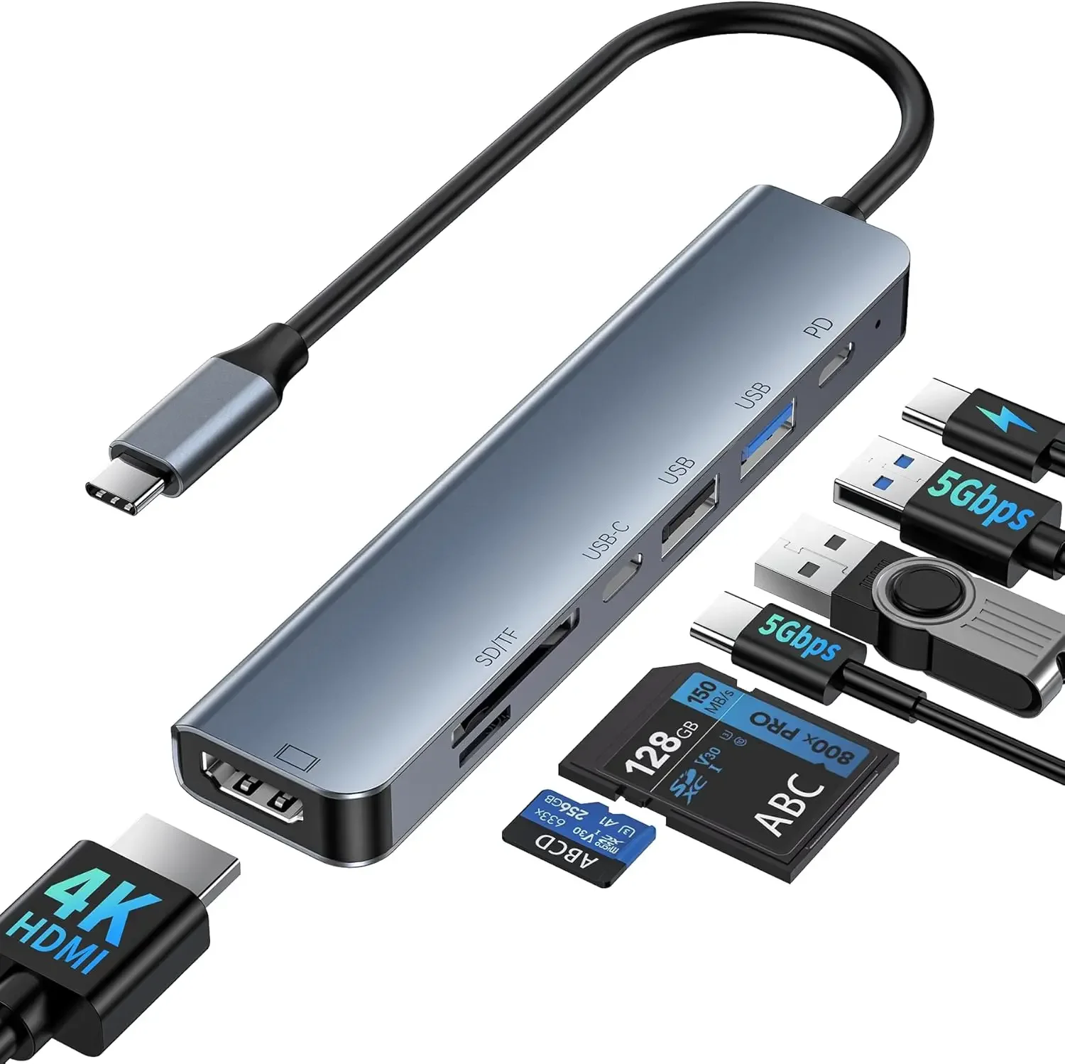 

USB C Hub 7 in 1 HDMI 4K@60Hz 100W PD USB A 3.0/2.0 5Gbps Type-C Port SD/TF Card Reader Type C Dongle Dock for Laptop MacBook PC