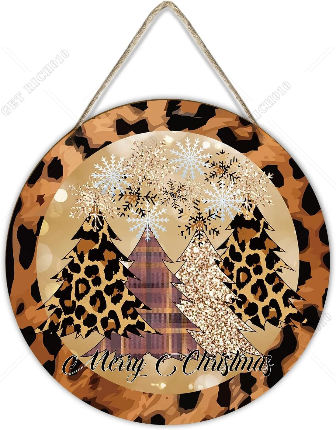 

Merry Christmas Hanging Wood Sign 12in Farmhouse Wall Snowflake Leopard Print Tree Round Christmas Printed Wooden Plaque