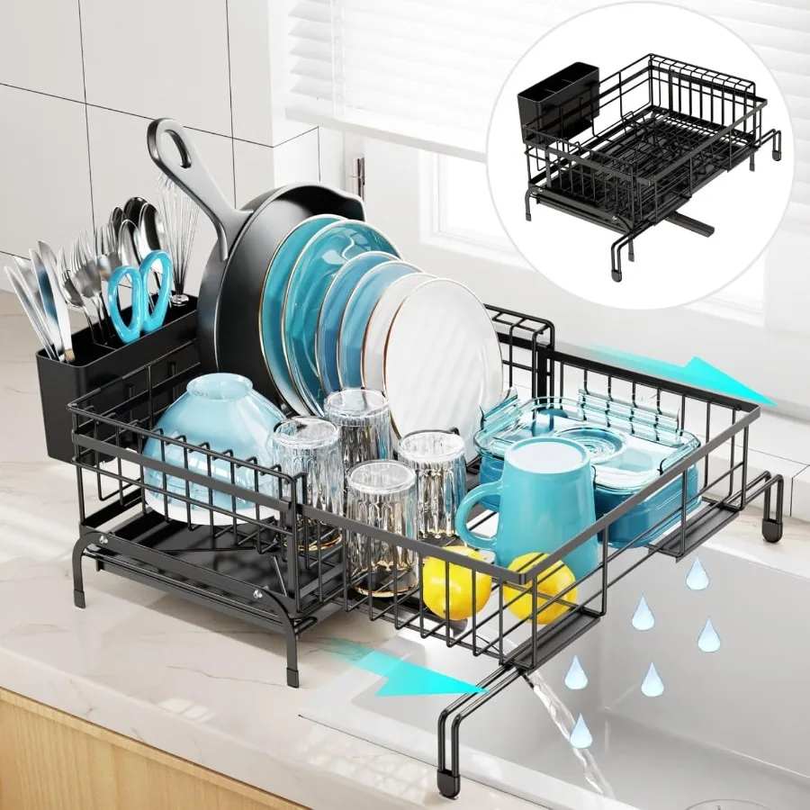 

Expandable Dish Drying Rack AntiRust 2in1 Dish Racks for Kitchen Counter and Sink Compact Dish Drainer with Pan Slot Dish Rack