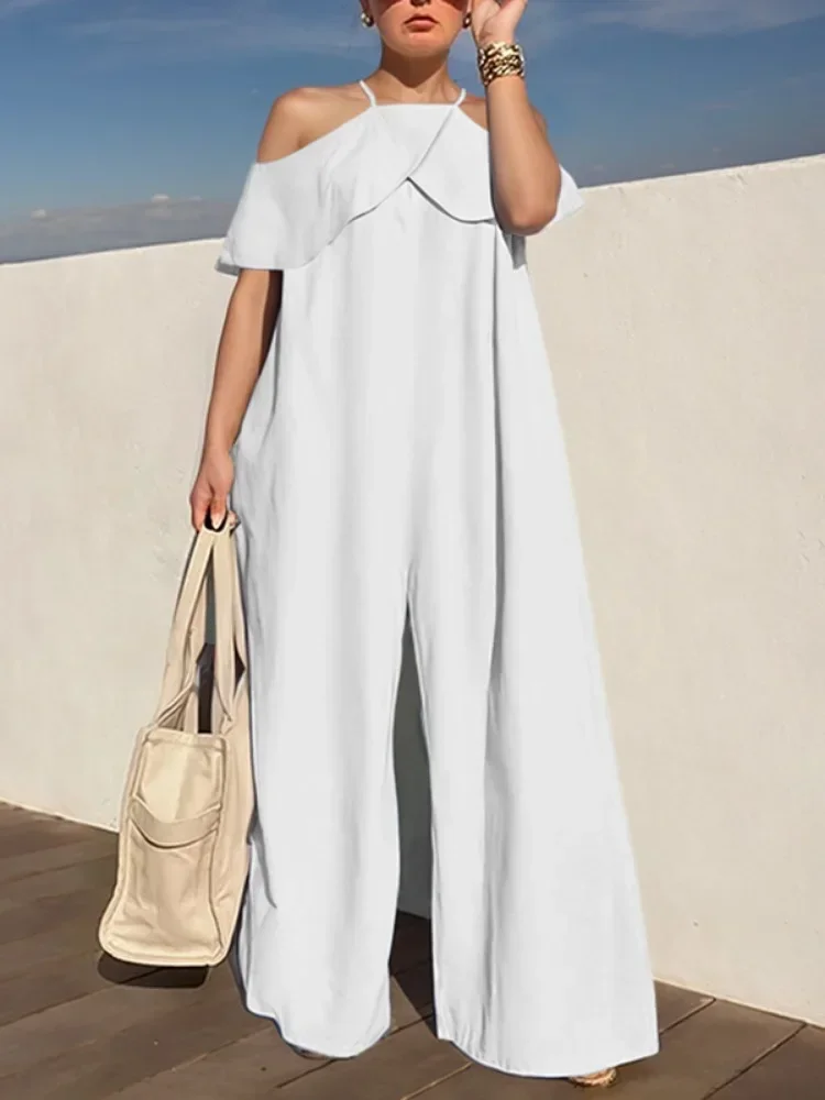 

Lemongor Wide Leg Jumpsuits For women fashion Solid Color Summer Off-the-shoulder Halter loose casual high street Jump suits