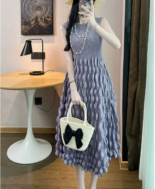 

Miyake плиссированное оригинальное платье для женщин, новинка 2025, плиссированная плиссированная юбка с круглым вырезом для тяжелой промышленности, однотонная повседневная плиссированная юбка