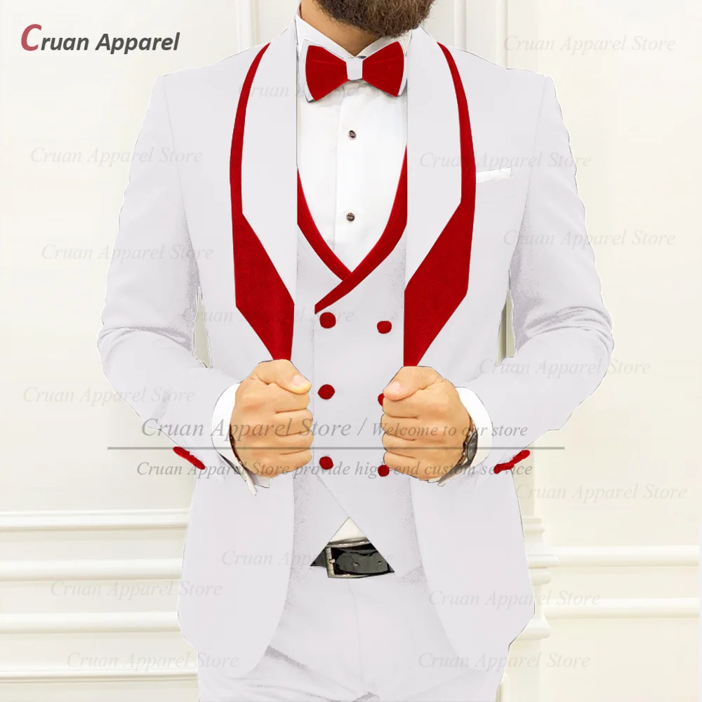 Fashion Men White Suit Slim Fit Formal Wedding Mens Tuxedo Tailor-made Homecoming Red Velvet Lapel Blazer Vest Pants 3 Piece Set