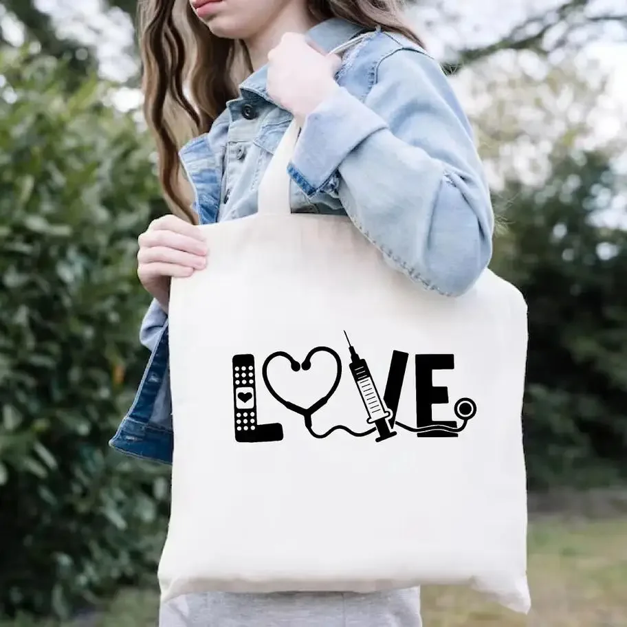 Enfermeira carta impressão sacos de ombro sem zíper menina lona casual eco tote bolsa bonito feminino grande capacidade saco de compras gráfico