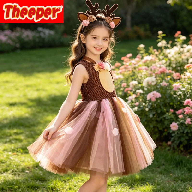 Vestido Tutú Bicolor con Adornos Florales y Diseño de Ciervo, con Forro Interior y Lazo para el Cabello, Ideal para Desfiles Temáticos y Sesiones de Fotos