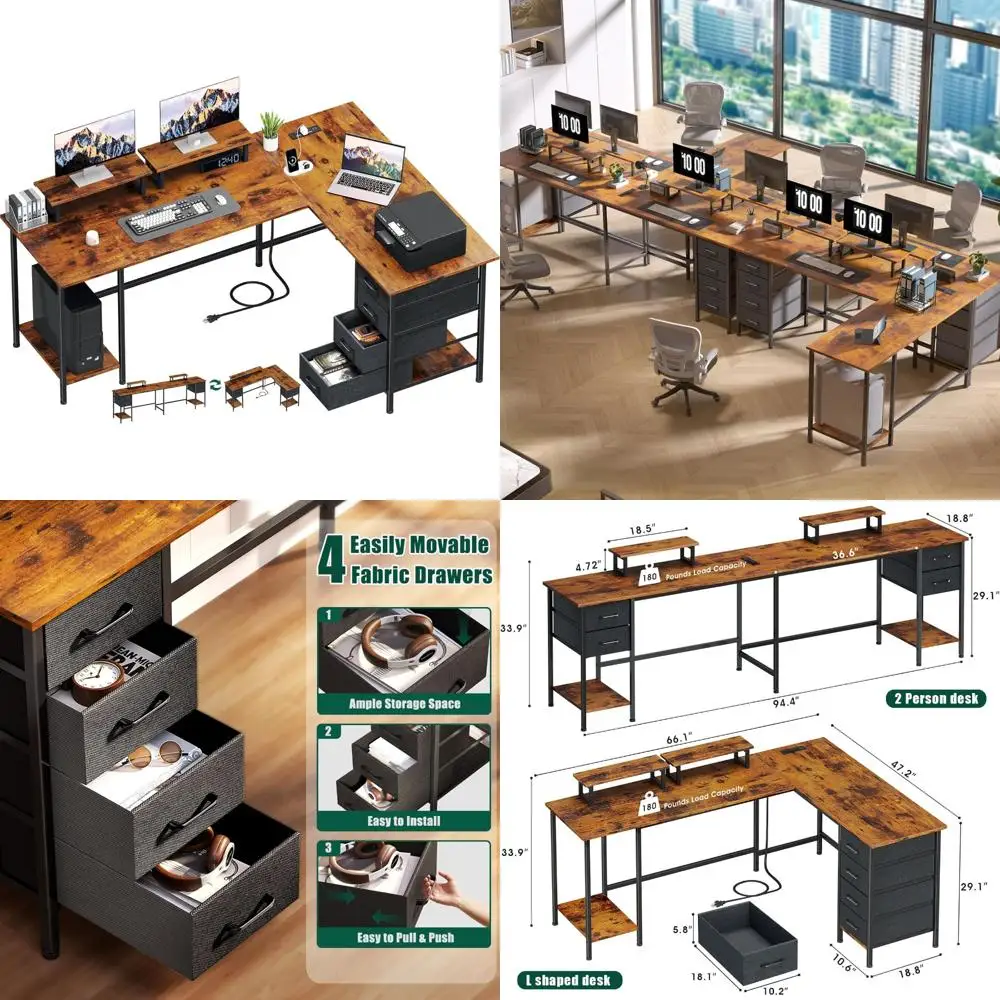 مكتب كمبيوتر زاوية كبيرة مع منافذ طاقة، مكتب منزلي يتميز بـ 4 أدراج قابلة للتعديل و2 حوامل شاشة #1